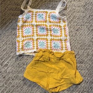 Rare Editions Crochet Top and Mustard Shorts Set
